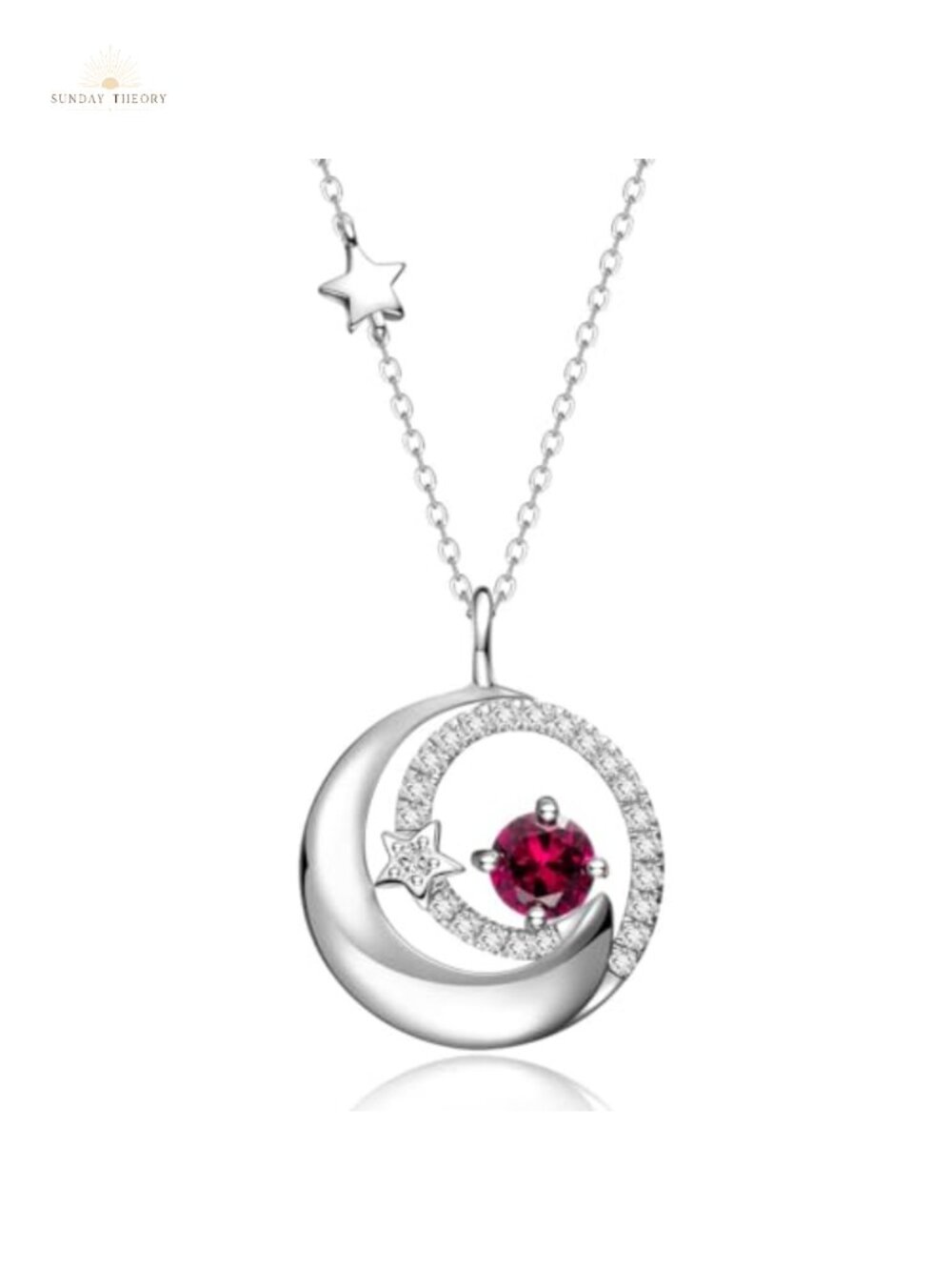 Sterling Silver Moon Star Birthstone Pendant Necklace, 925, White Gold Plated